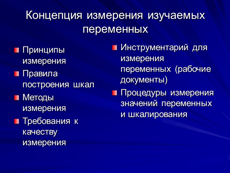 Концепция измерения изучаемых переменных Принципы измерения Правила построения шкал Методы измерения Требования к качеству